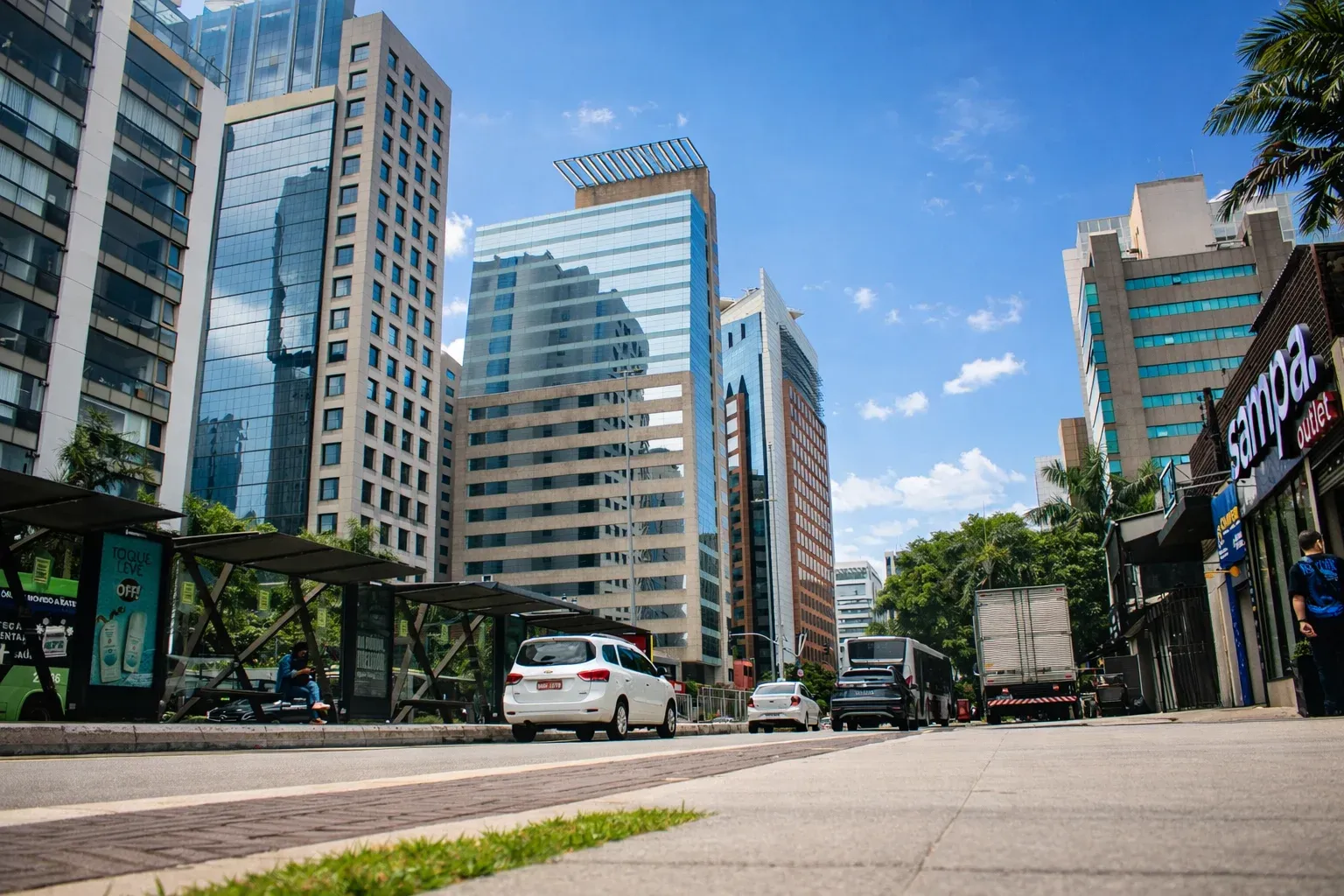 Low-angle avenue view with buses, cars, and office towers under a blue sky