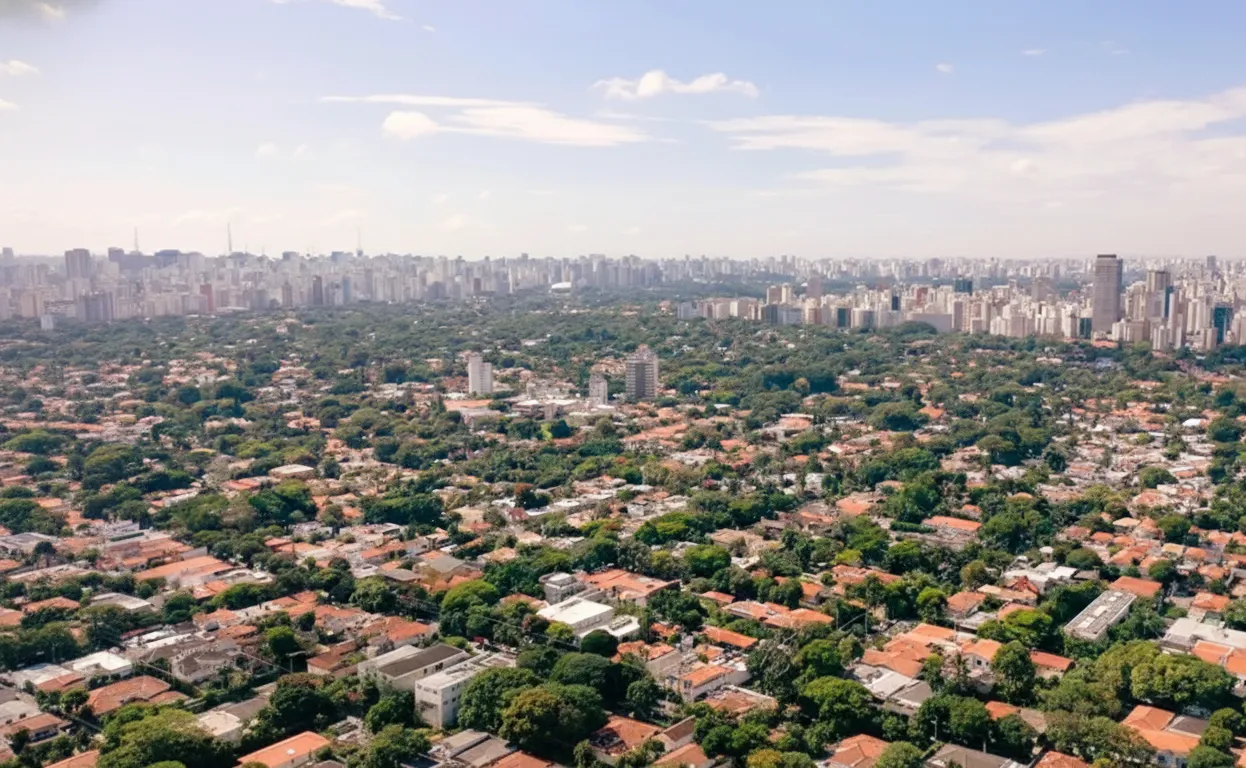 Aerial view of a green residential area with a dense city skyline in the background