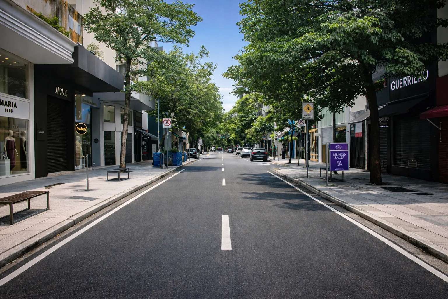 Empty, tree-lined commercial street with shops on both sides