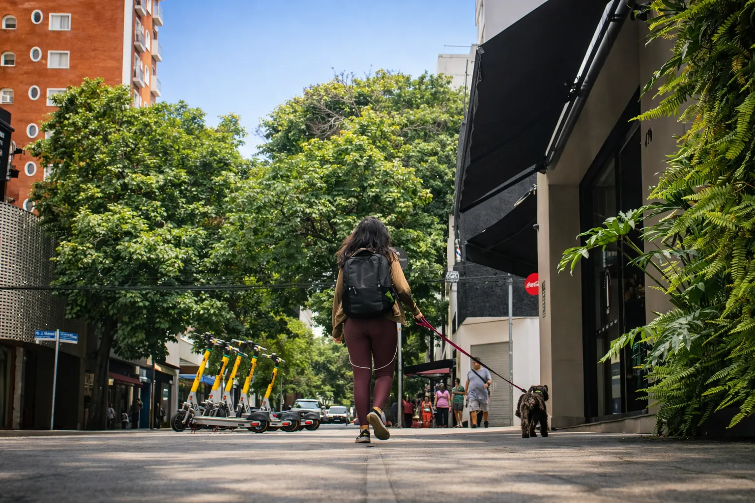 Woman with a backpack walking her dog near parked e-scooters on a sunny street