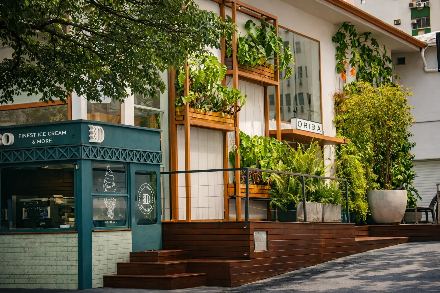 Plant-filled storefront with wooden steps and an outdoor deck