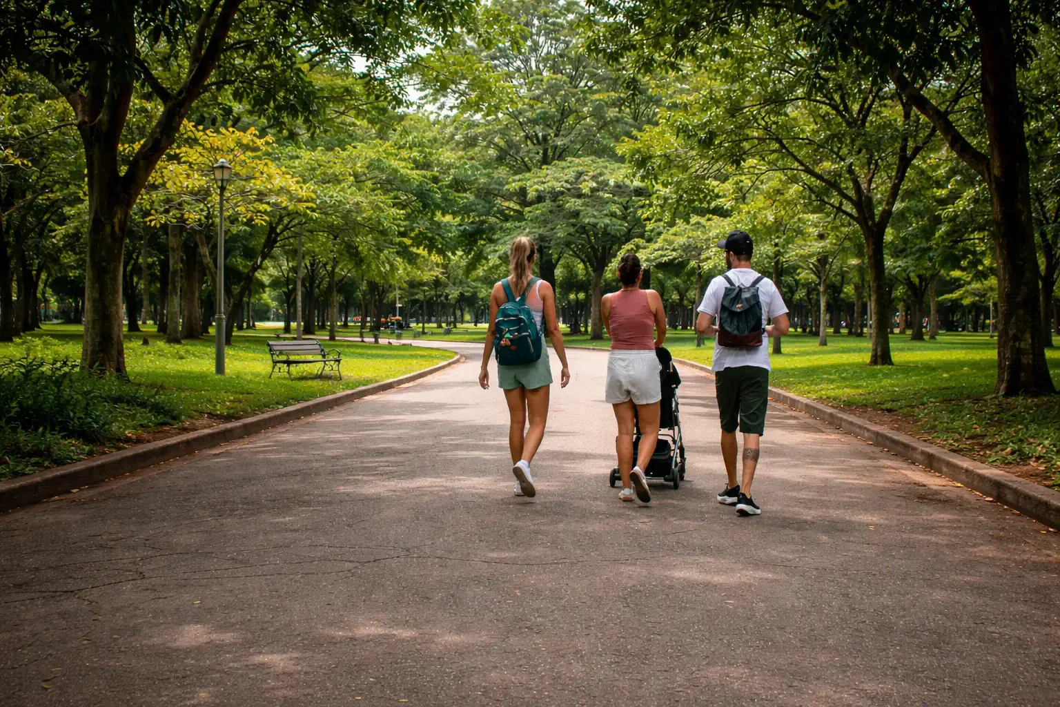 Three people with backpacks and a stroller walking along a shaded park path