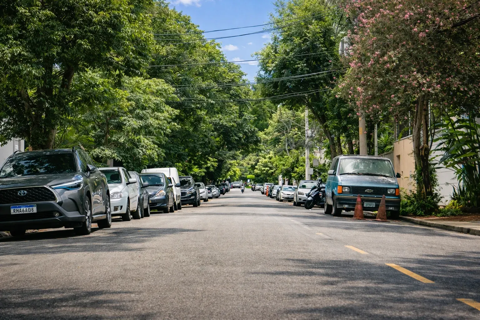 Tree-lined neighborhood street with cars parked along both sides.