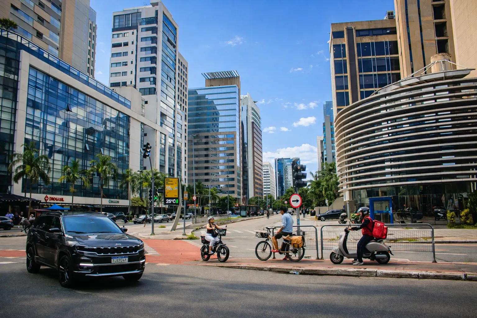 Busy Vila Olimpia avenue with cars, cyclists, and modern office towers under a clear sky