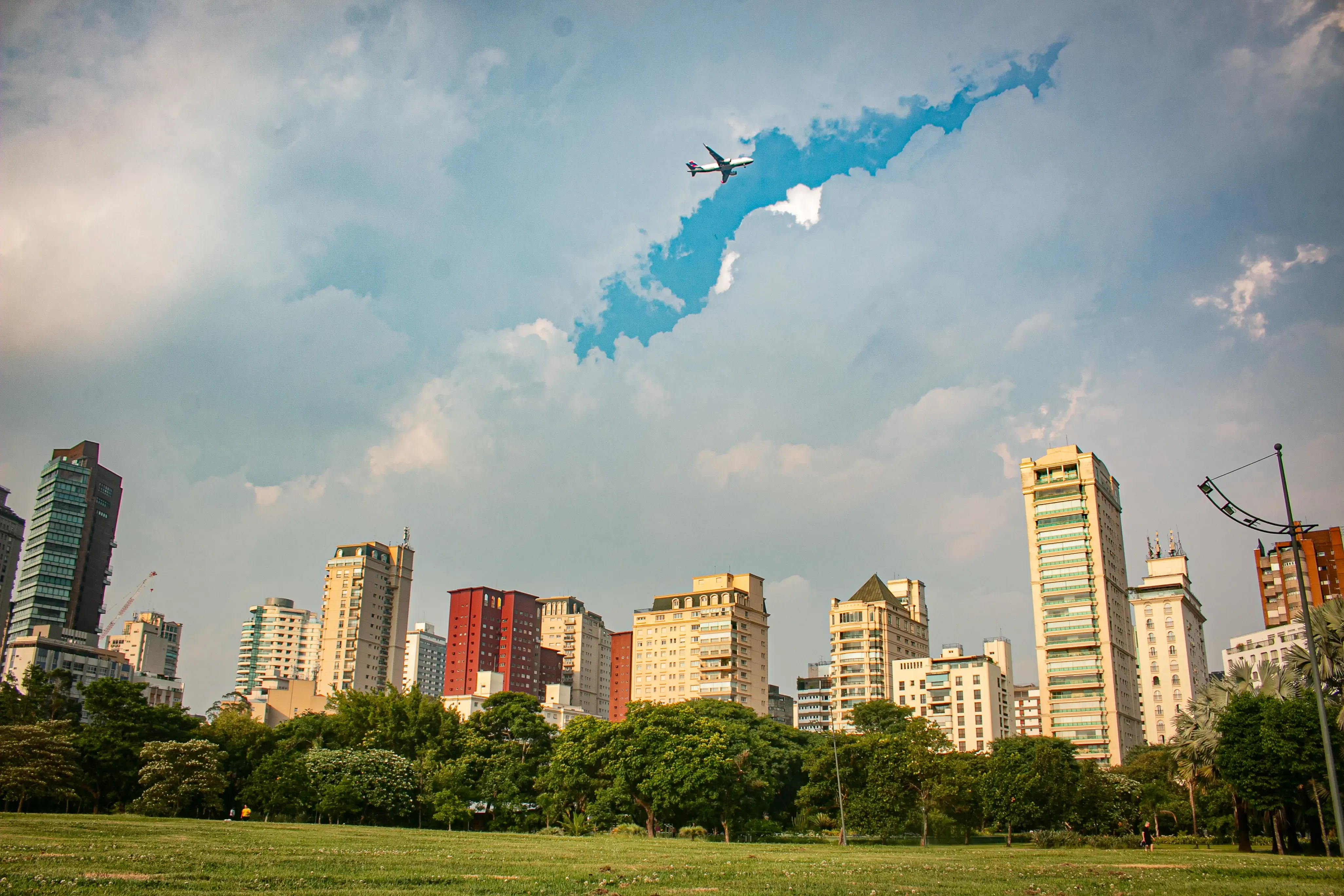 City skyline beyond a green park lawn with an airplane crossing a cloudy sky