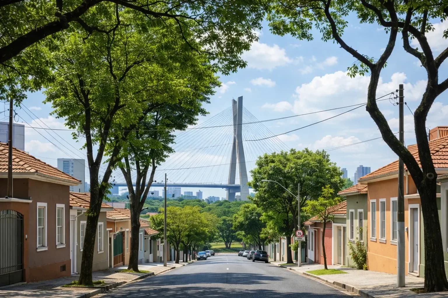 Tree-lined residential street in Brooklin with low houses and a cable-stayed bridge visible in the distance