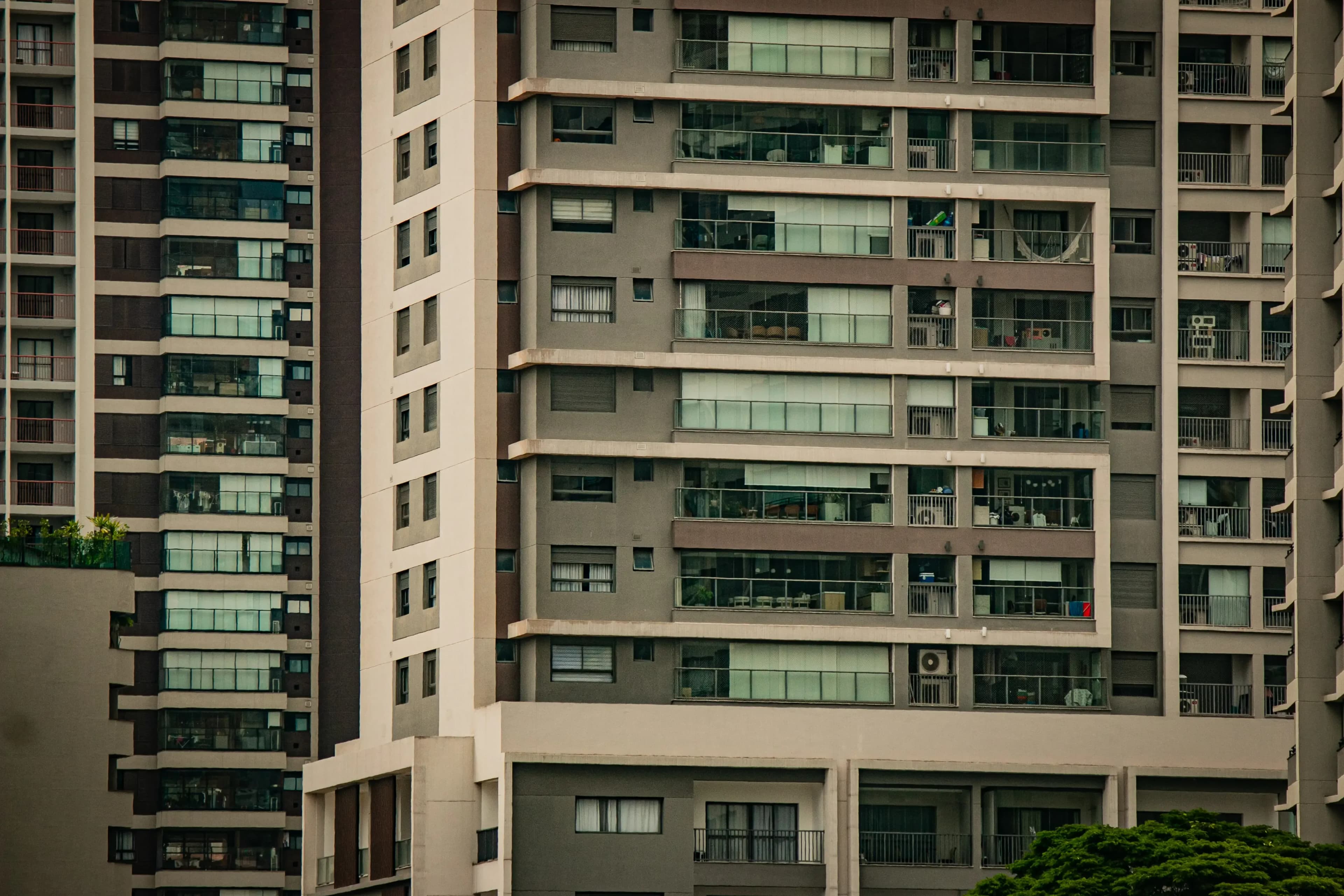 Close-up of tall Brooklin apartment buildings with balconies and large windows
