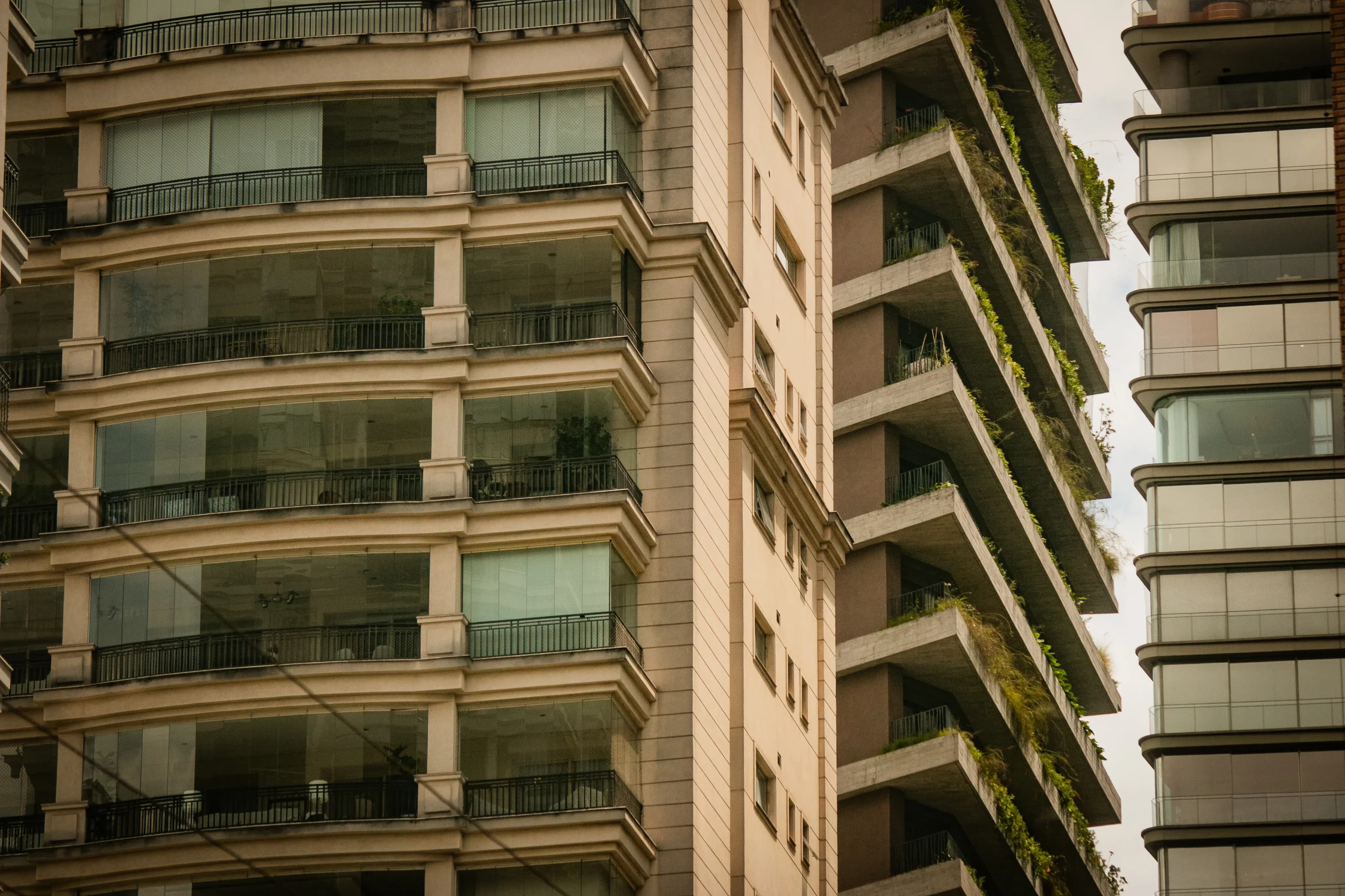 Close-up of residential tower with stacked balconies