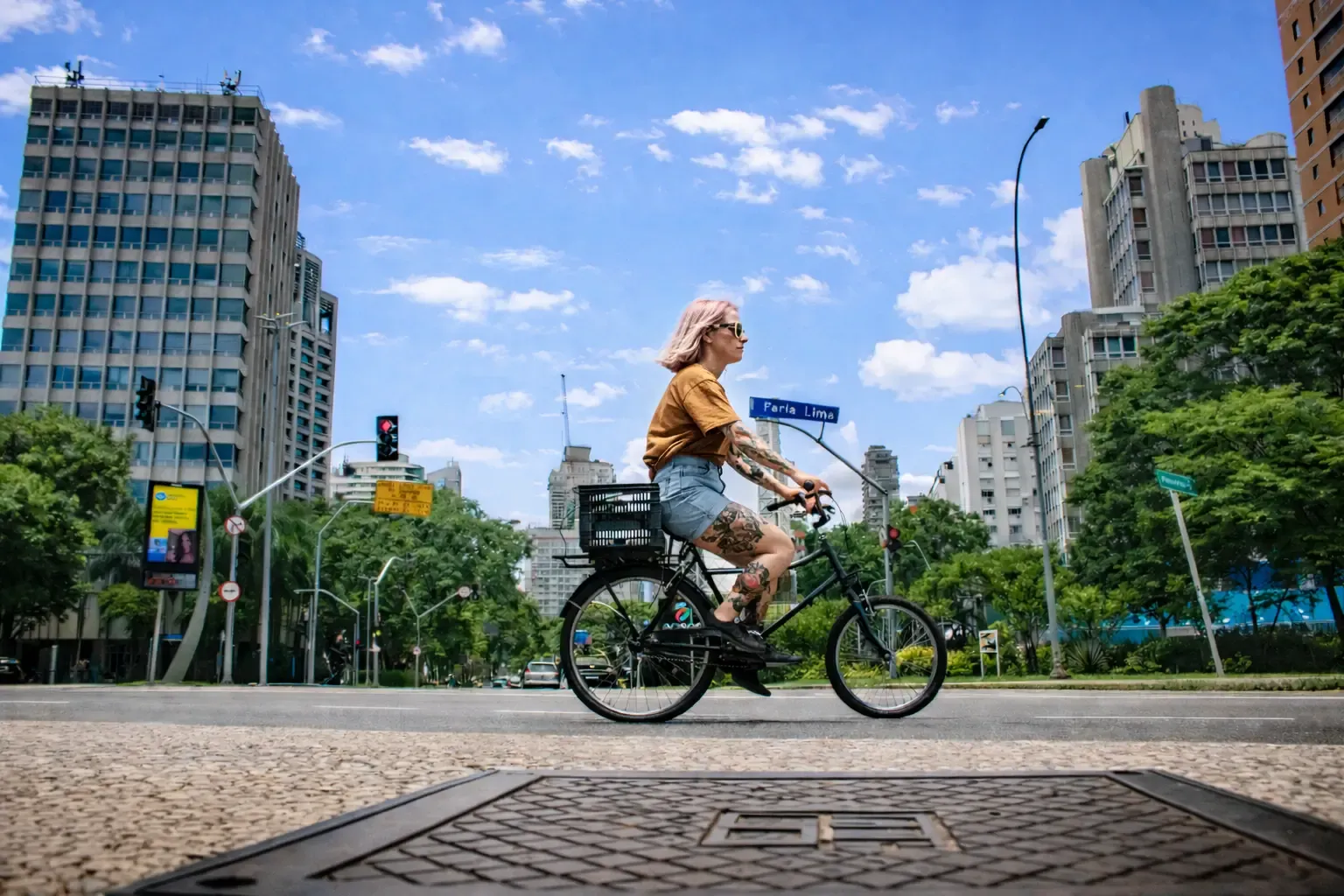 Woman riding a bicycle across Faria Lima avenue with city buildings in the background
