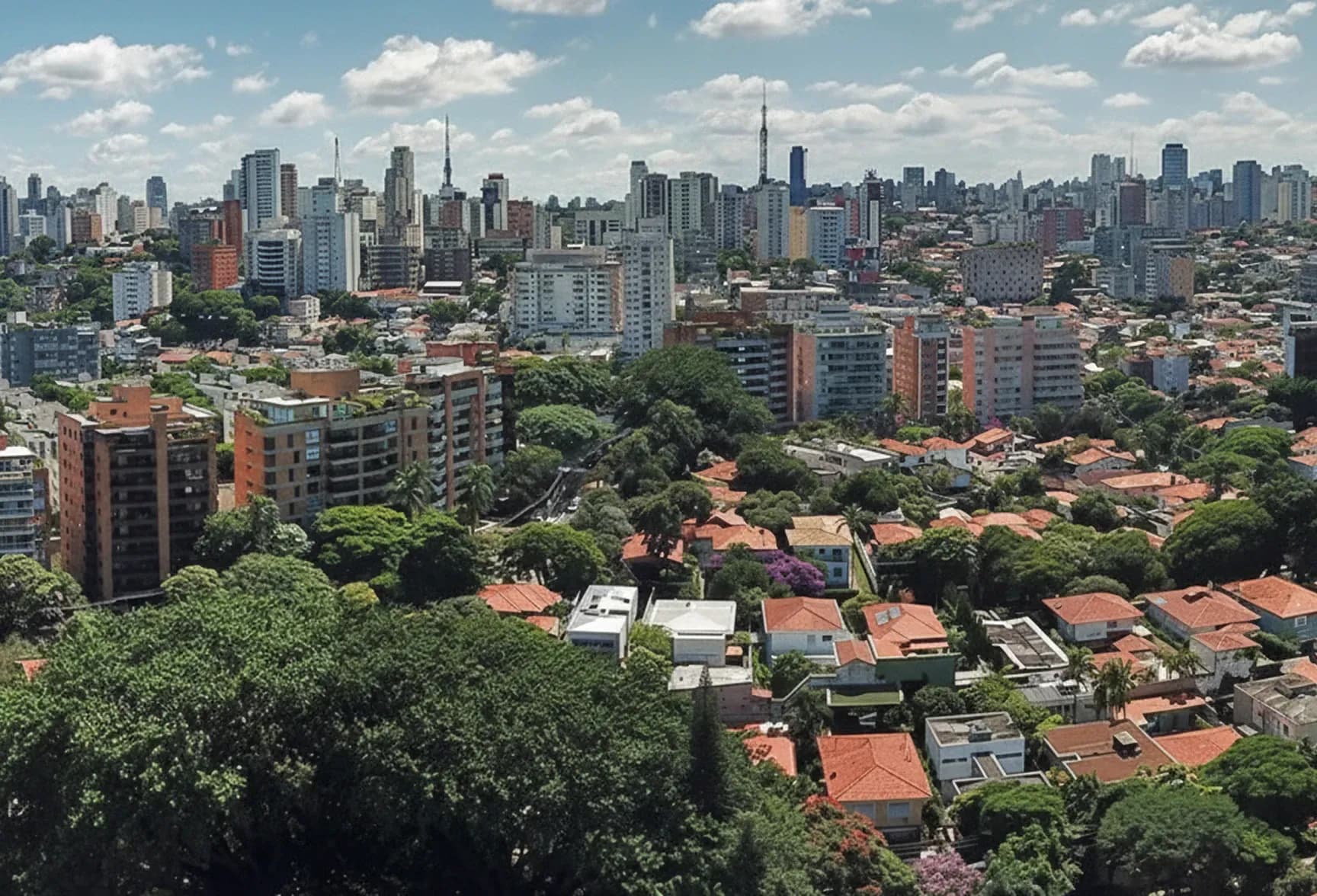 Elevated view of a dense neighborhood with red-tile roofs and a skyline of high-rises